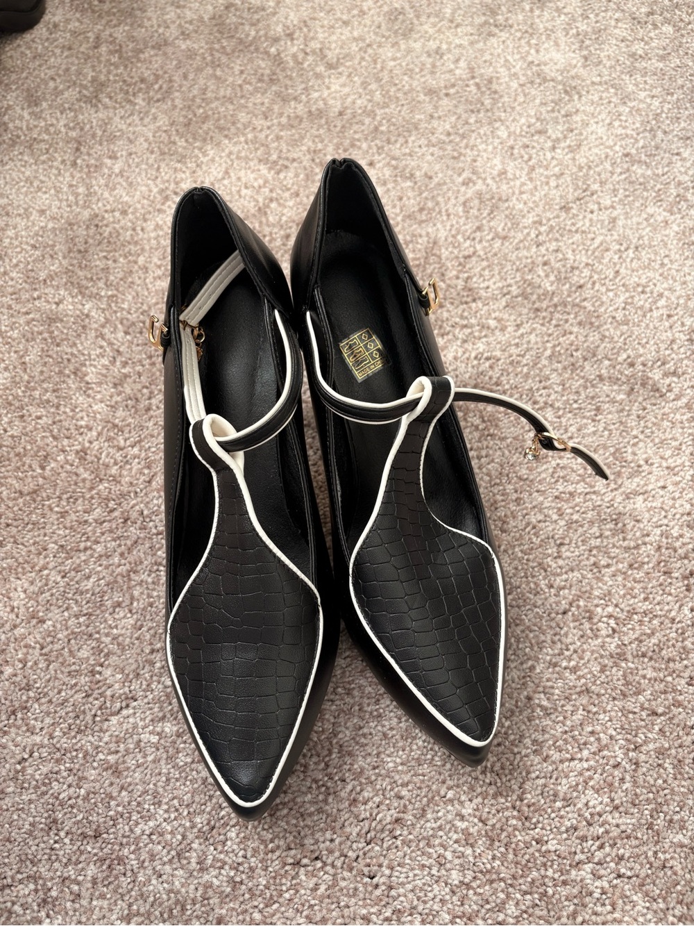 Black Pointed Toe Ankle-Strap Pumps with White Piping